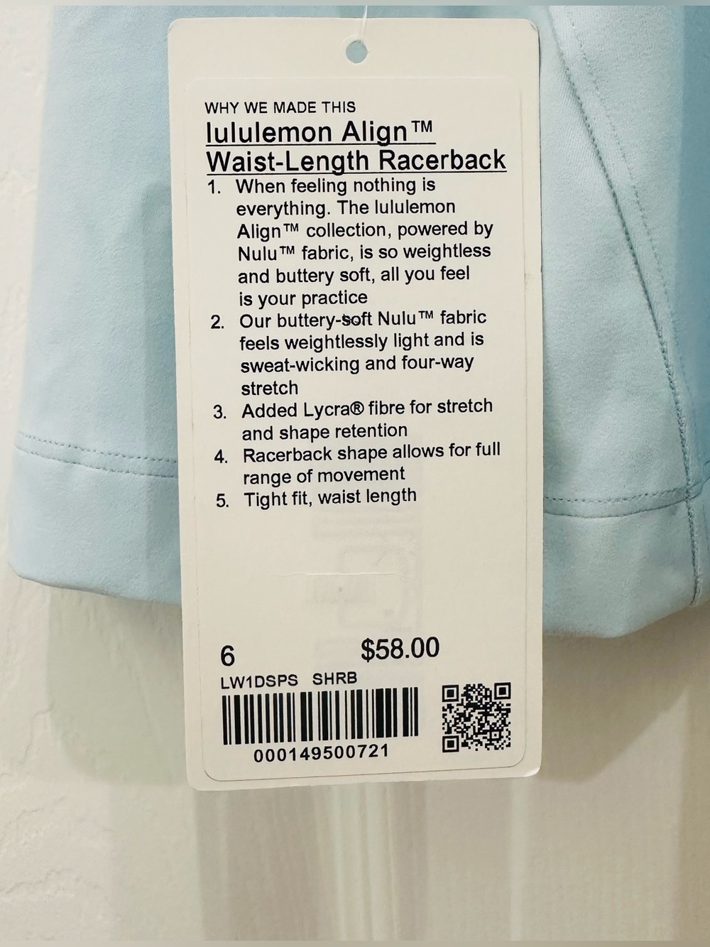 Lululemon Align Waist-Length Racerback Tank Top Sheer Blue Size 6-NWT - Picture 3 of 5